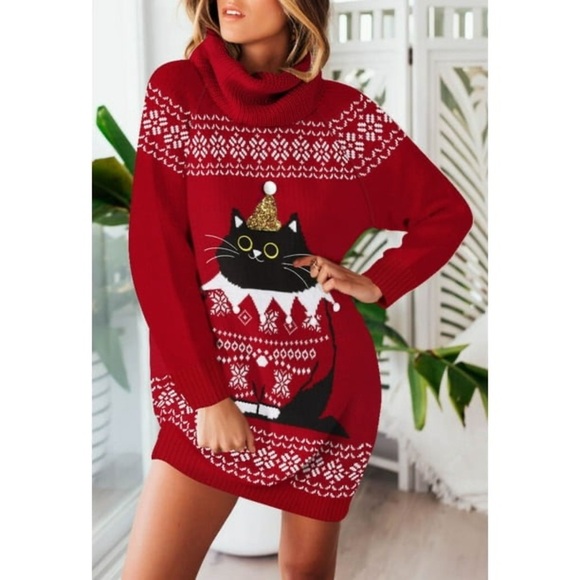 Pink Queen Christmas Cat Chunky Knit Turtleneck Sweater Dress with pockets XL - Picture 1 of 16